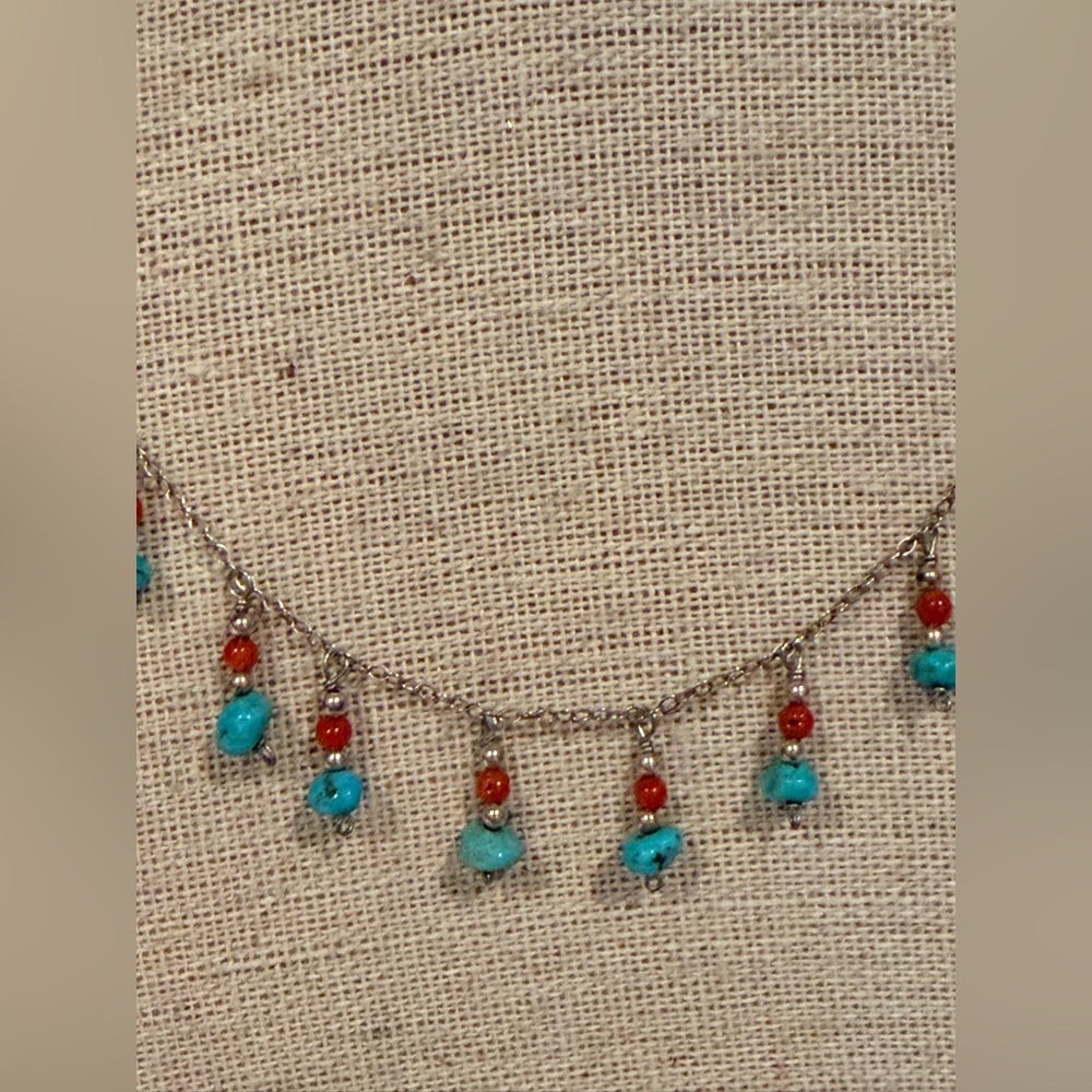 Vintage Delicate Silver Chain Necklace with Turquoise and Red Beads - Picture 3 of 5